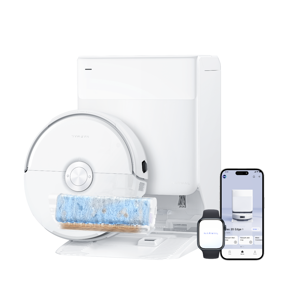 A white robotic vacuum cleaner with a dock and a blue-and-white filter is shown on a clean white background, alongside a smartphone app, a smartwatch, and a small floor scraper accessory.