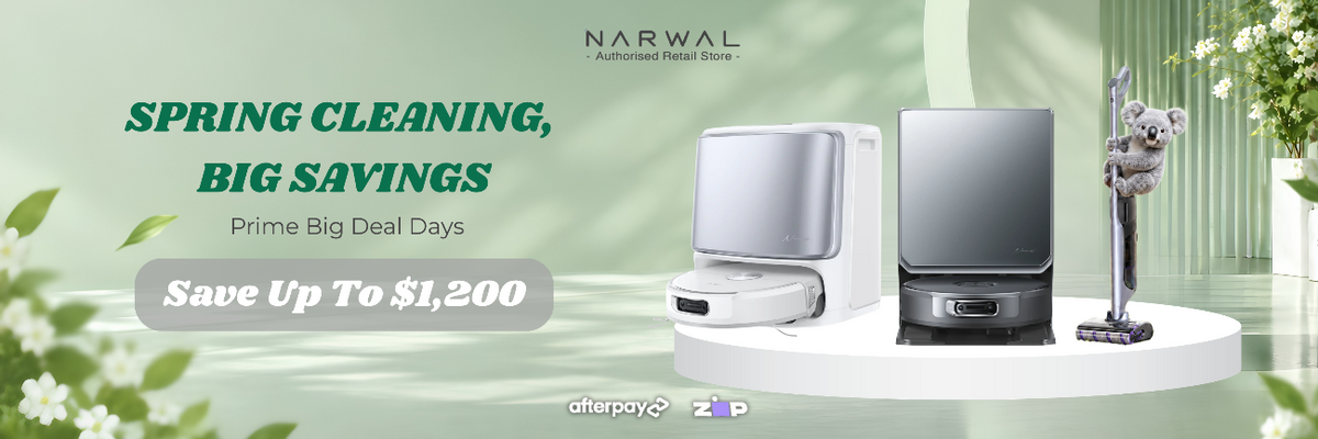 Promotional banner for Narwal Authorized Retail Store featuring two countertop appliances on a white pedestal against a soft green background with decorative leaves and flowers. Text reads 'SPRING CLEANING, BIG SAVINGS', 'Prime Big Deal Days', and 'Save Up to $1,200'.