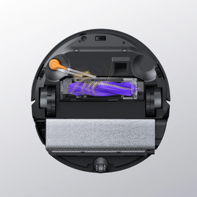 Top-down view of a robotic vacuum cleaner's cleaning mechanism on a light gray background